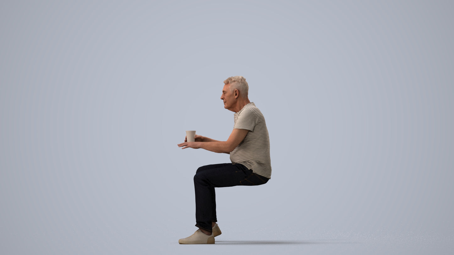 realistic 3D human senior man casual sitting, archviz people FBX OBJ for Blender, three-quarter view render