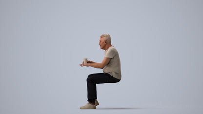 realistic 3D human senior man casual sitting, archviz people FBX OBJ for Blender, three-quarter view render