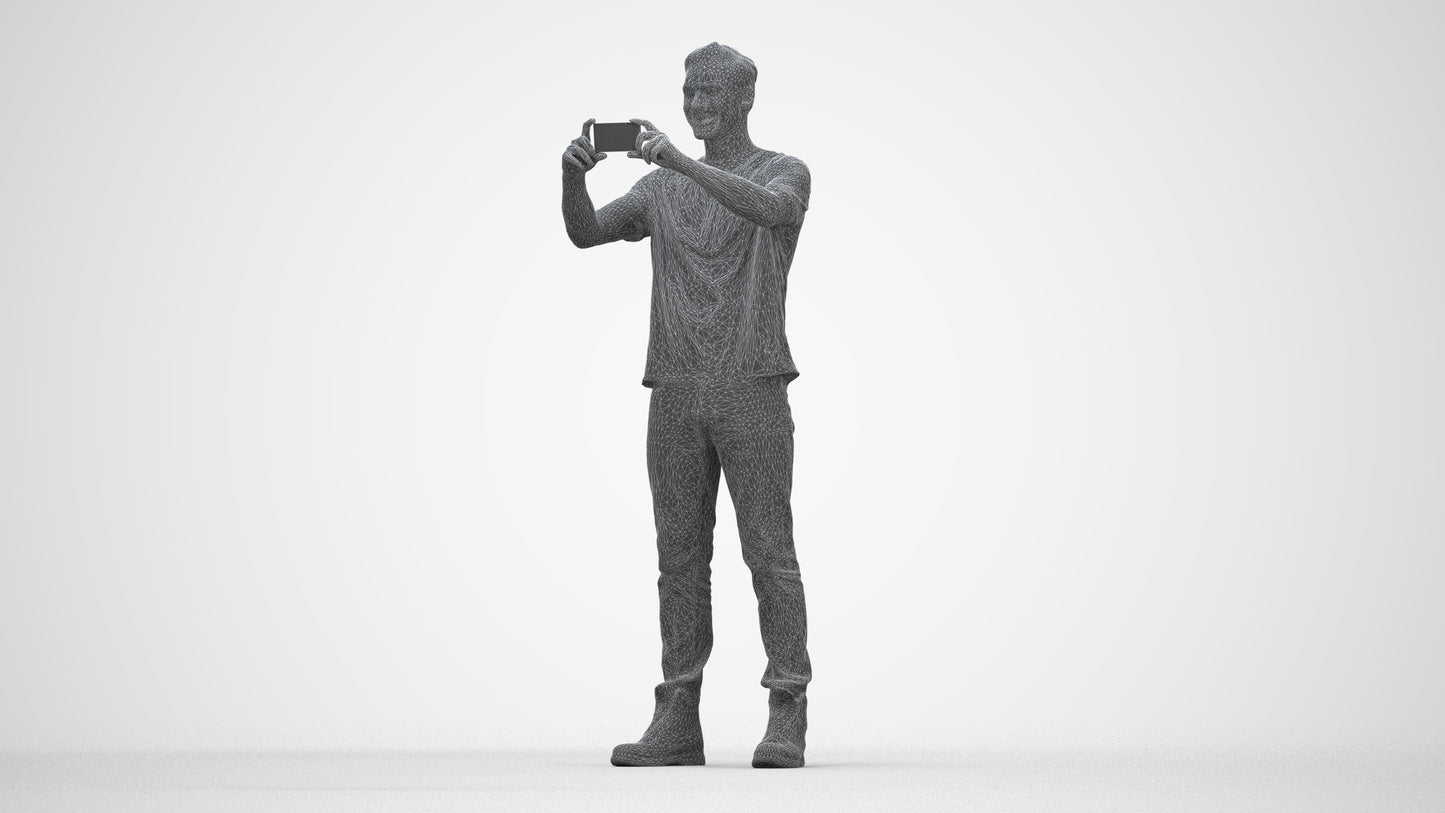 3D scanned man standing casual, photorealistic archviz people for Enscape and SketchUp, wireframe back view
