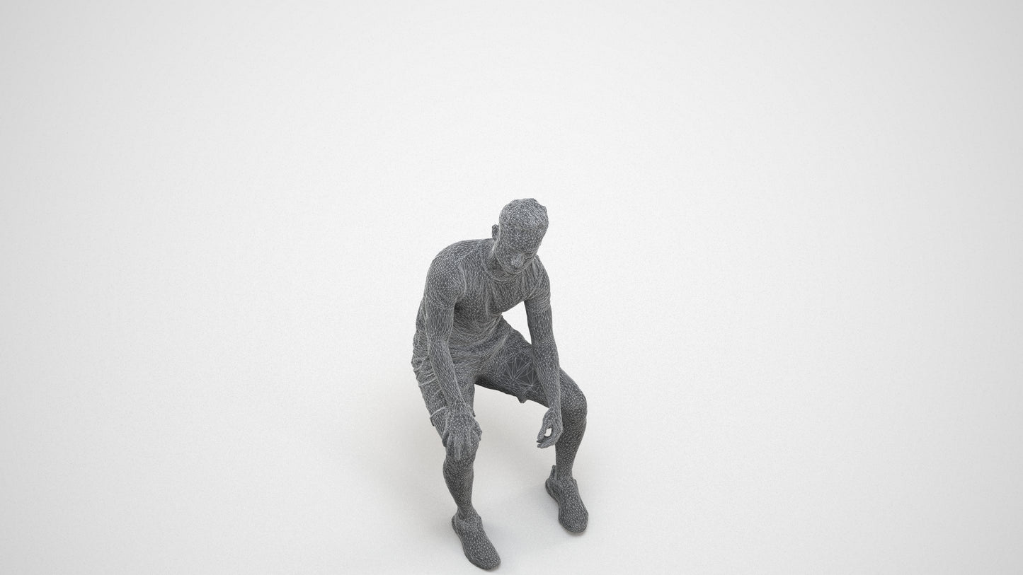 realistic 3D human man casual sitting, archviz people FBX OBJ for Blender, wireframe three-quarter view