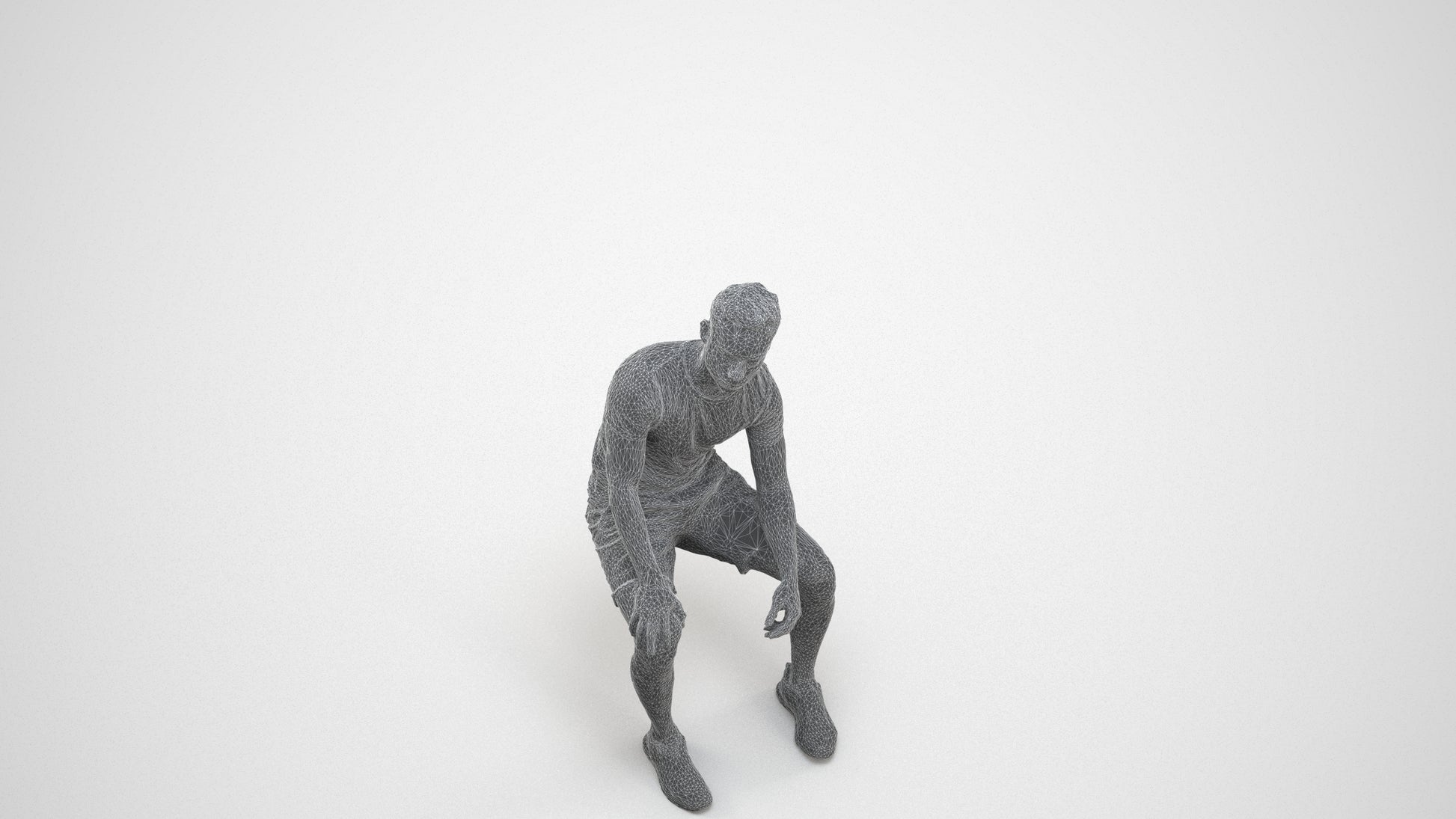 realistic 3D human man casual sitting, archviz people FBX OBJ for Blender, wireframe three-quarter view