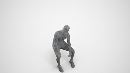 realistic 3D human man casual sitting, archviz people FBX OBJ for Blender, wireframe three-quarter view