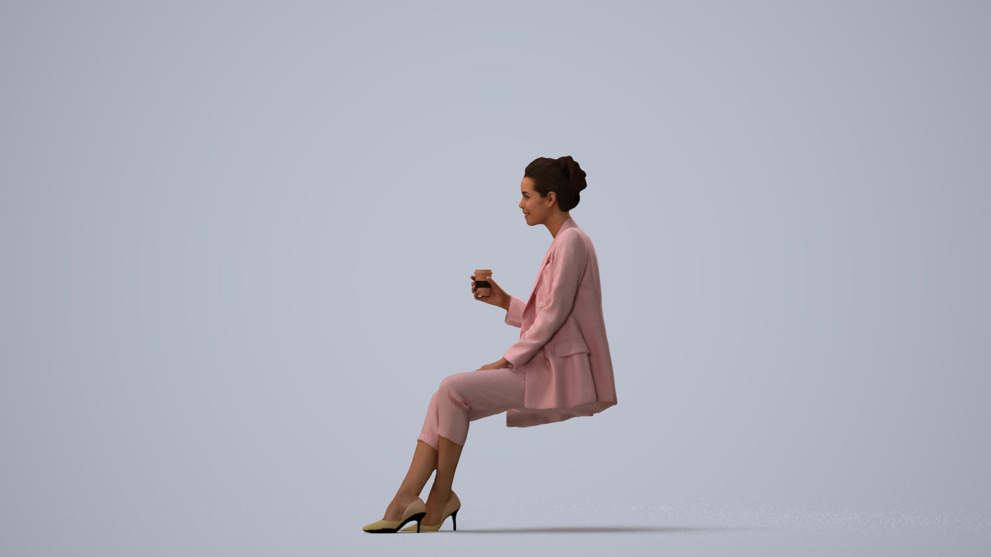 3D scanned woman sitting business, photorealistic archviz people for Enscape and SketchUp, three-quarter view render