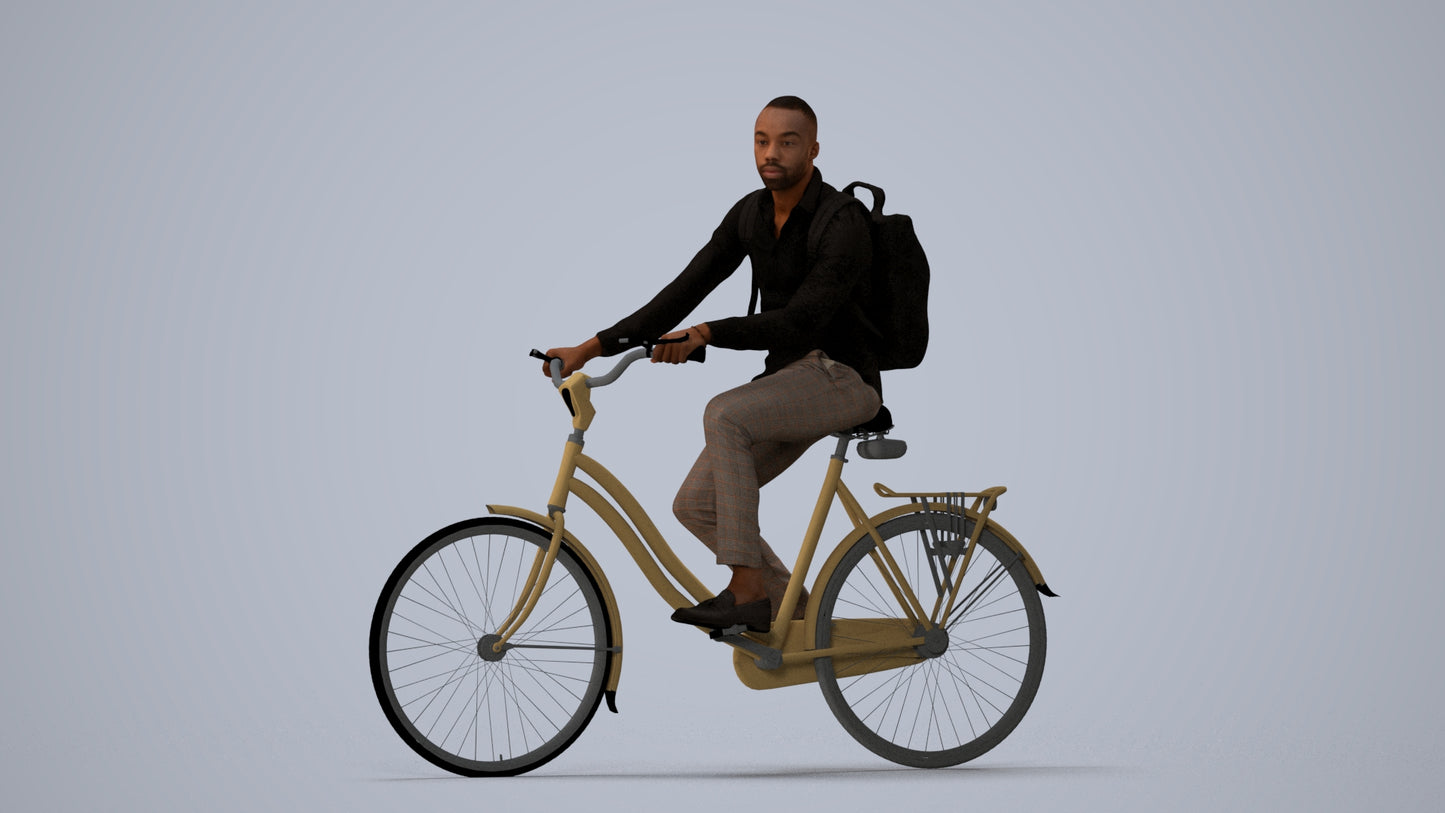photogrammetry 3D man business cycling, realistic human model archviz FBX, three-quarter view render