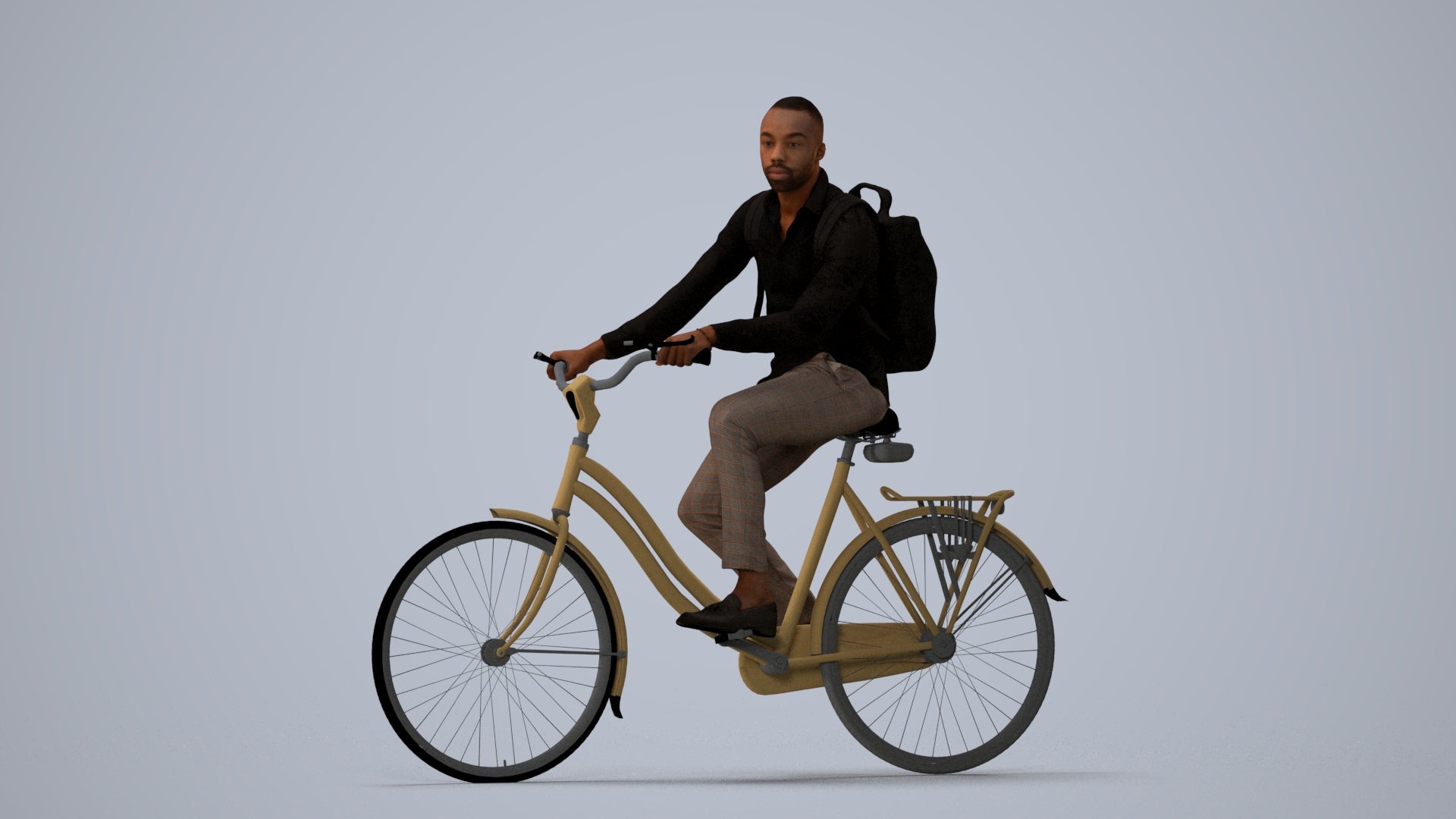 photogrammetry 3D man business cycling, realistic human model archviz FBX, three-quarter view render