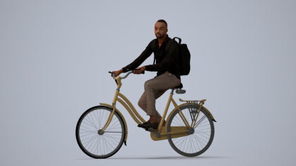 photogrammetry 3D man business cycling, realistic human model archviz FBX, three-quarter view render