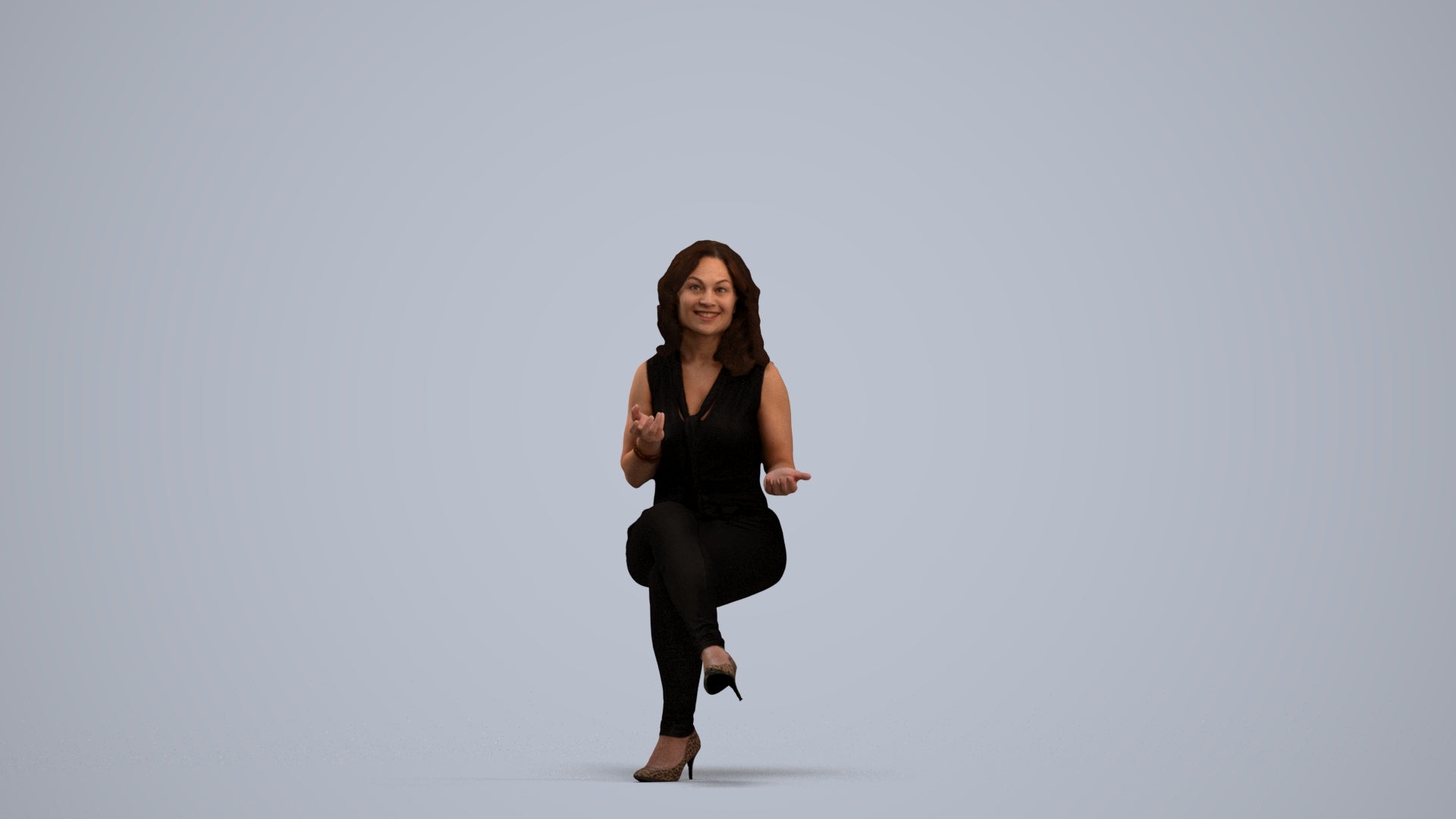 3D human model woman casual sitting, photogrammetry scanned person for archviz, standing pose render