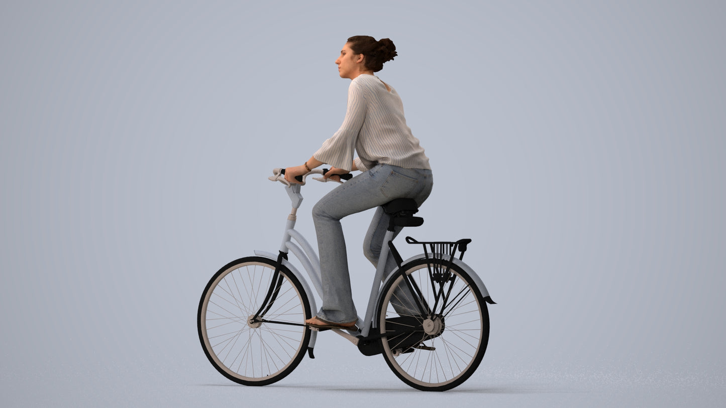 realistic 3D human woman casual cycling, archviz people FBX OBJ for Blender, three-quarter view render