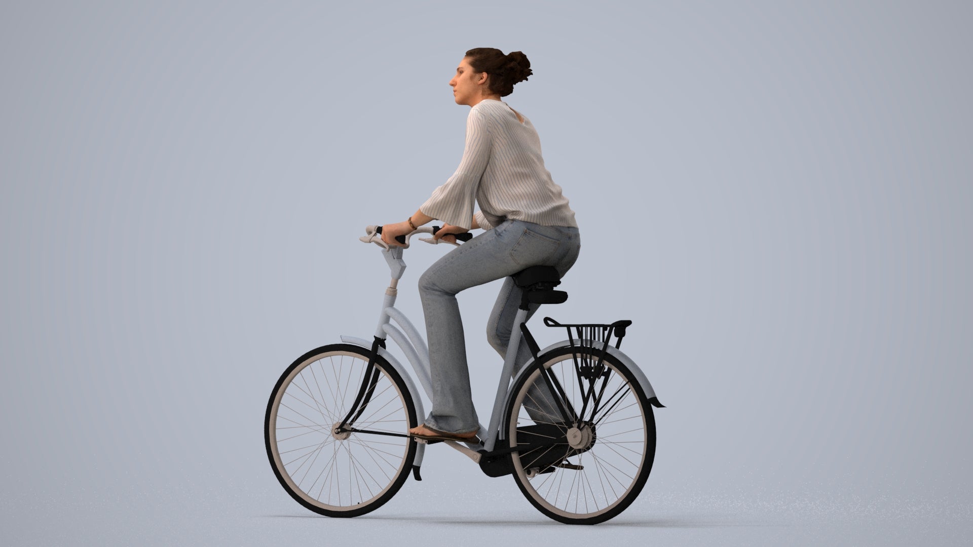 realistic 3D human woman casual cycling, archviz people FBX OBJ for Blender, three-quarter view render