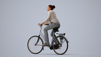 realistic 3D human woman casual cycling, archviz people FBX OBJ for Blender, three-quarter view render