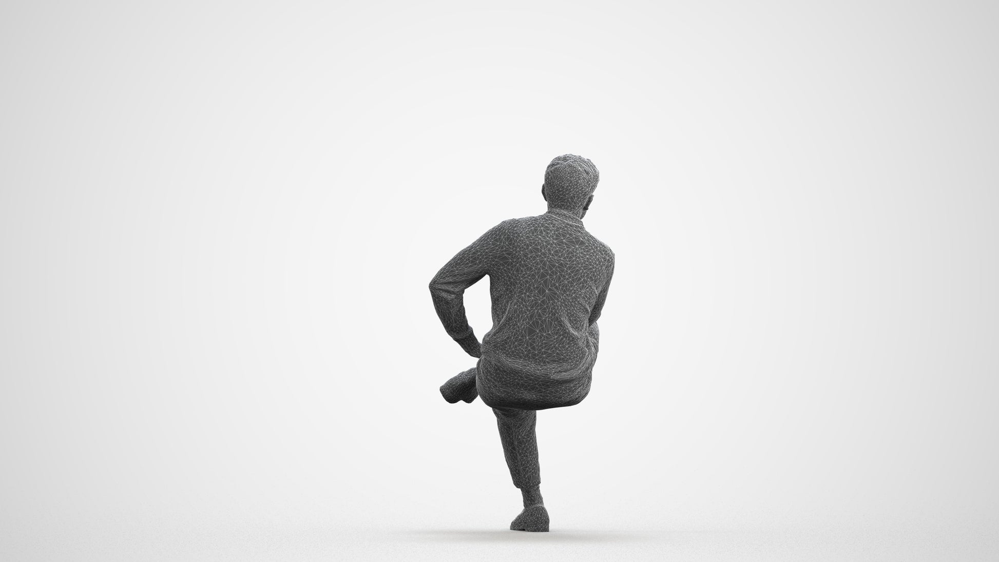 3D human model man casual sitting, photogrammetry scanned person for archviz, wireframe front view