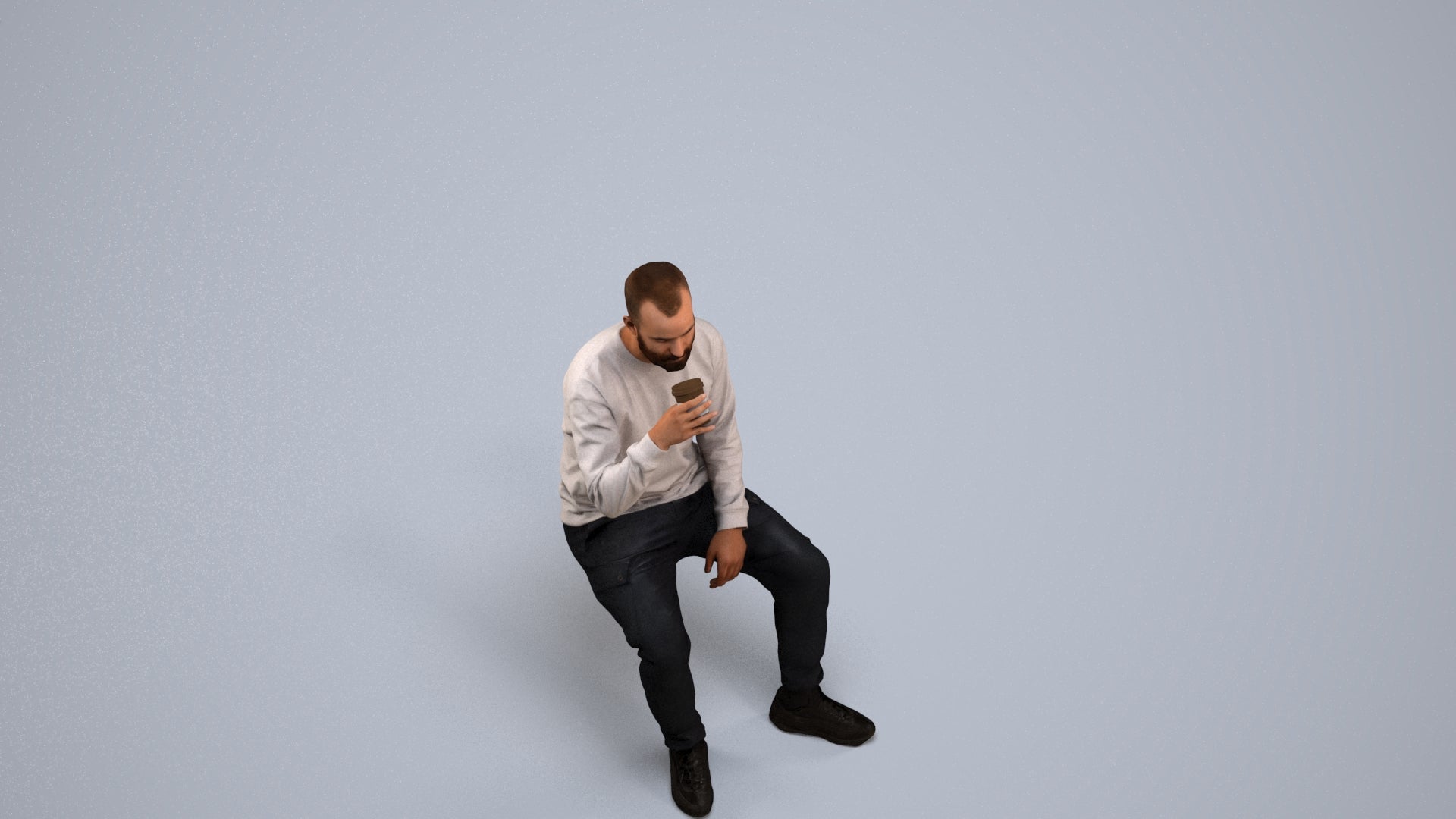 3D people model man casual sitting, scanned human for 3ds Max rendering, back view render