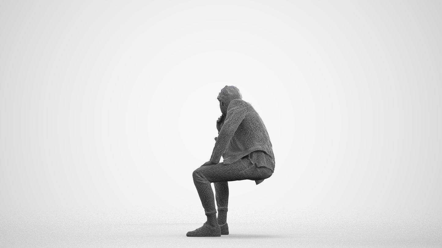 scanned 3D man casual sitting, photogrammetry people for Enscape and V-Ray, wireframe front view