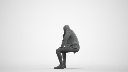 scanned 3D man casual sitting, photogrammetry people for Enscape and V-Ray, wireframe front view