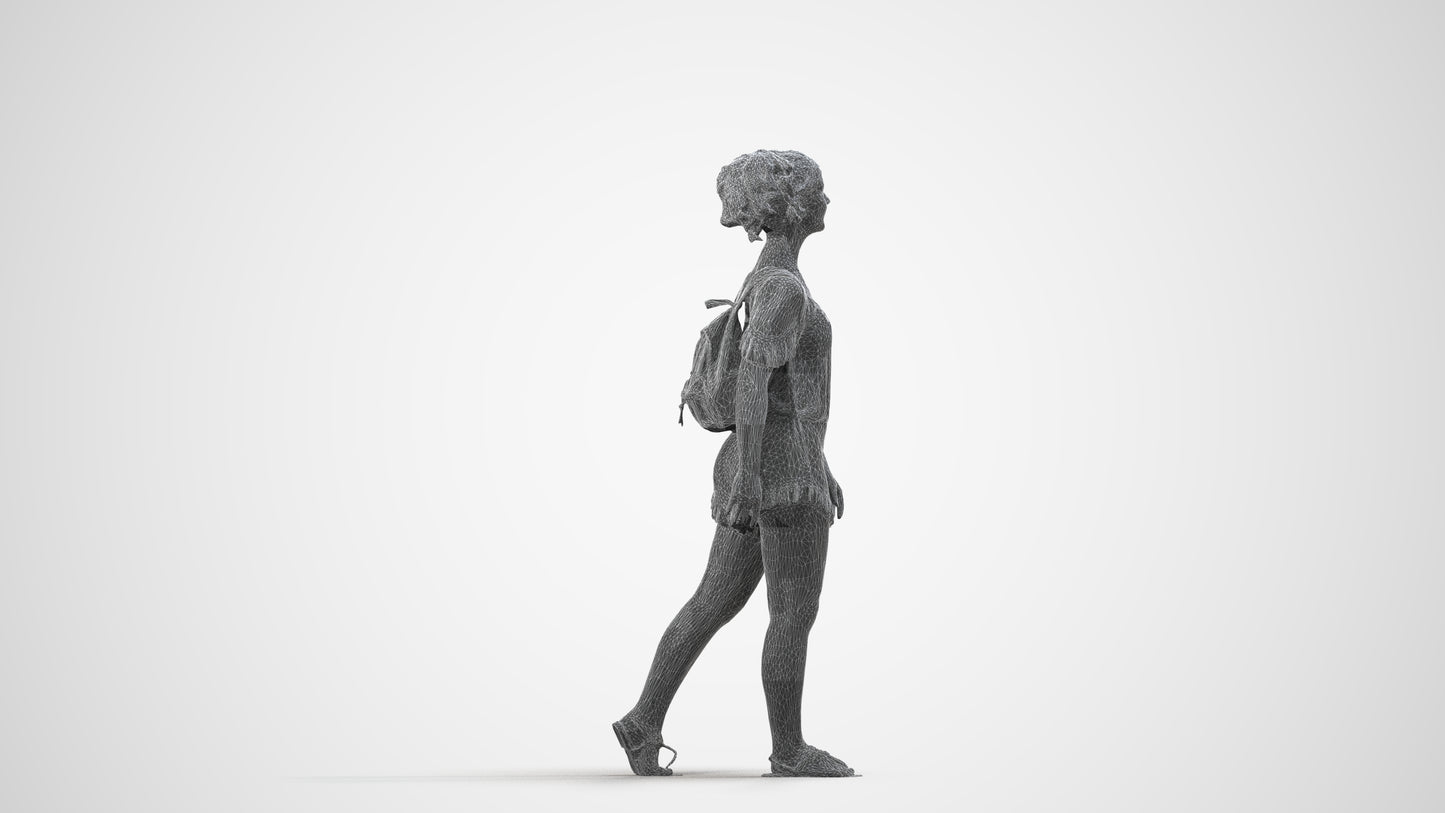 scanned 3D girl casual kids, photogrammetry people for Enscape and V-Ray, wireframe side view