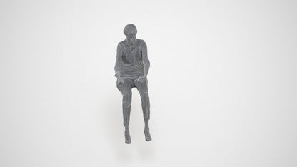 3D human model woman casual driving, photogrammetry scanned person for archviz, wireframe three-quarter view