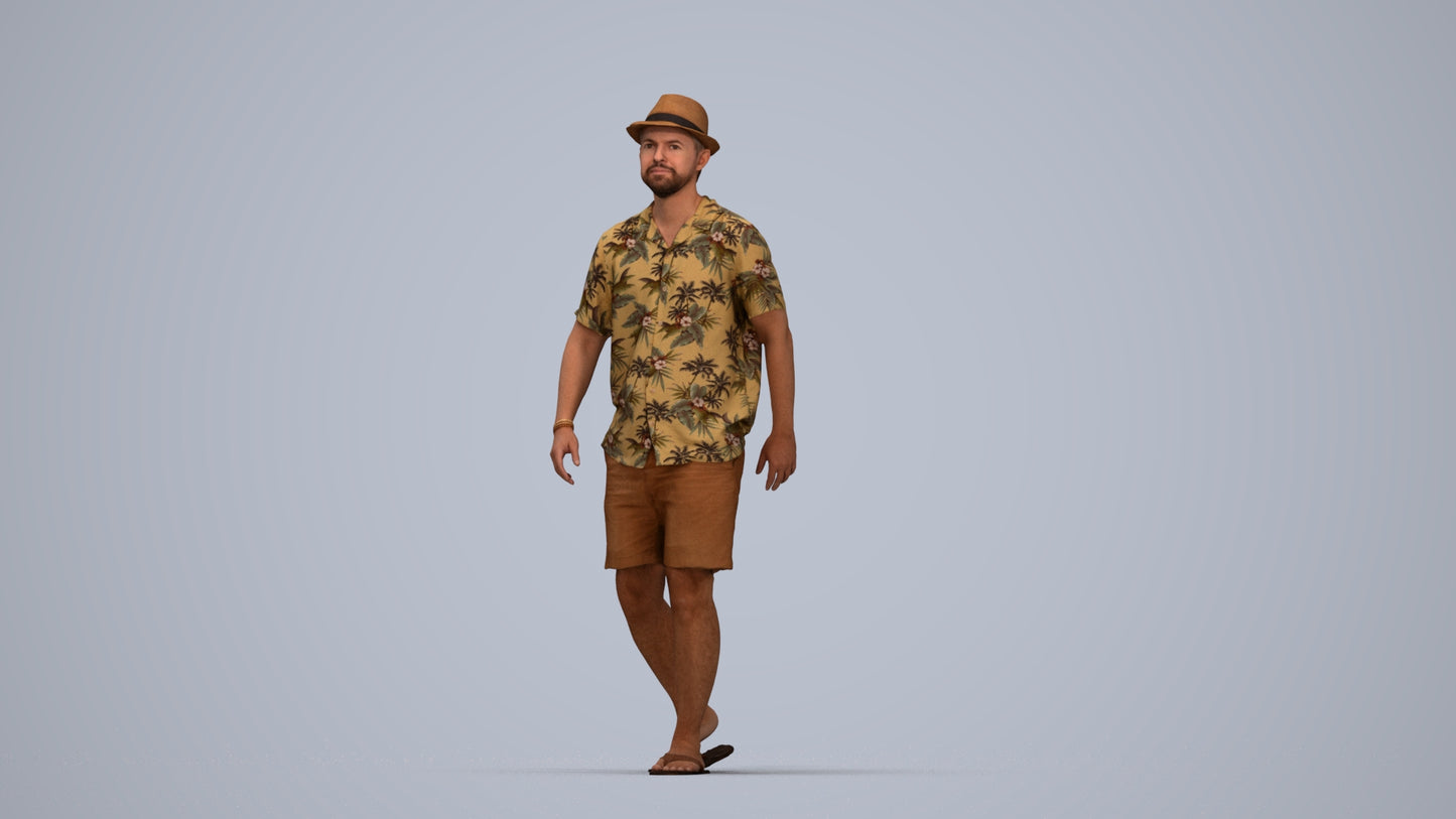 3D human model man walking, photogrammetry scanned person for archviz, top-down view render