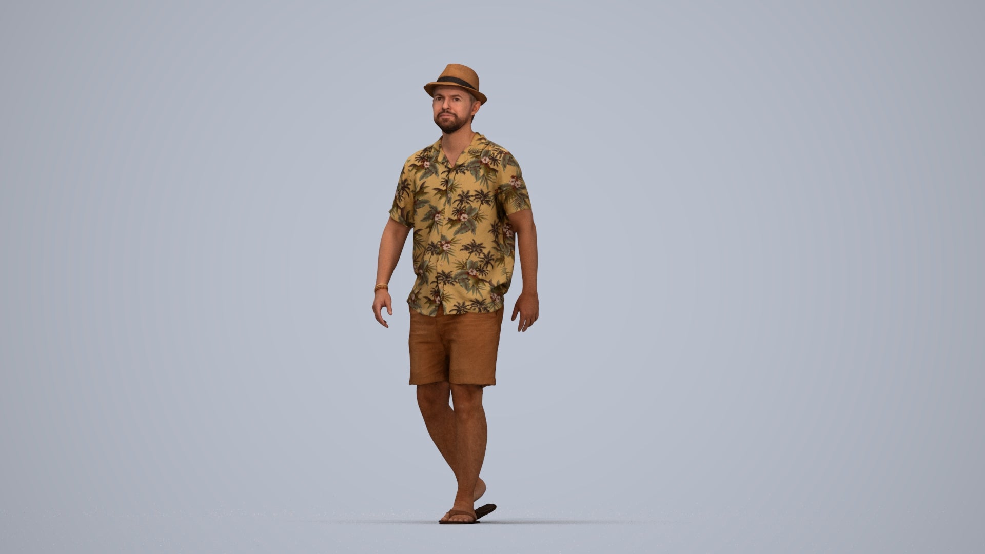 3D human model man walking, photogrammetry scanned person for archviz, top-down view render