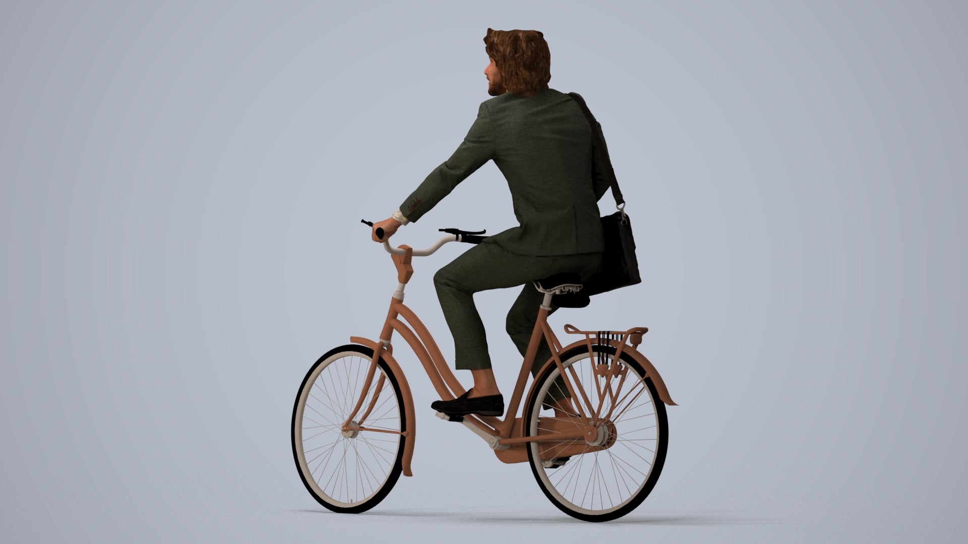 3D human model man business cycling, photogrammetry scanned person for archviz, three-quarter view render