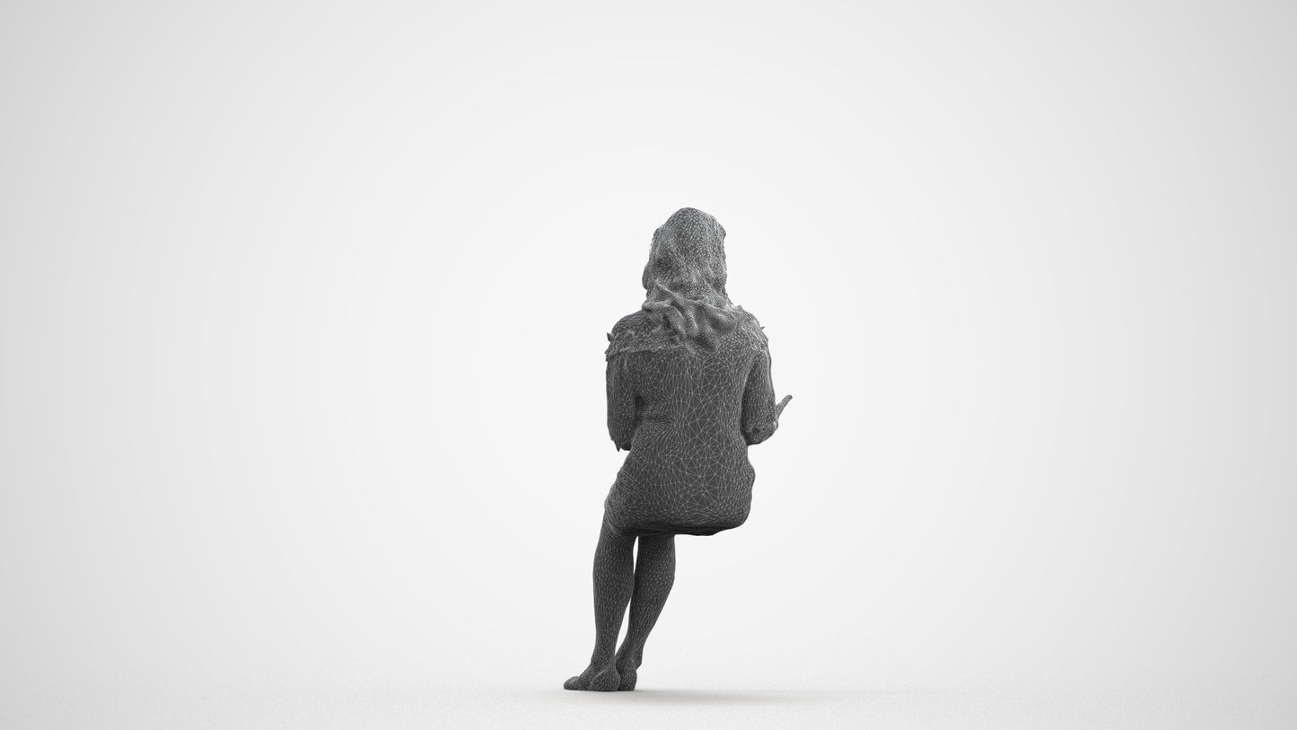 photogrammetry 3D senior woman casual sitting, realistic human model archviz FBX, wireframe front view