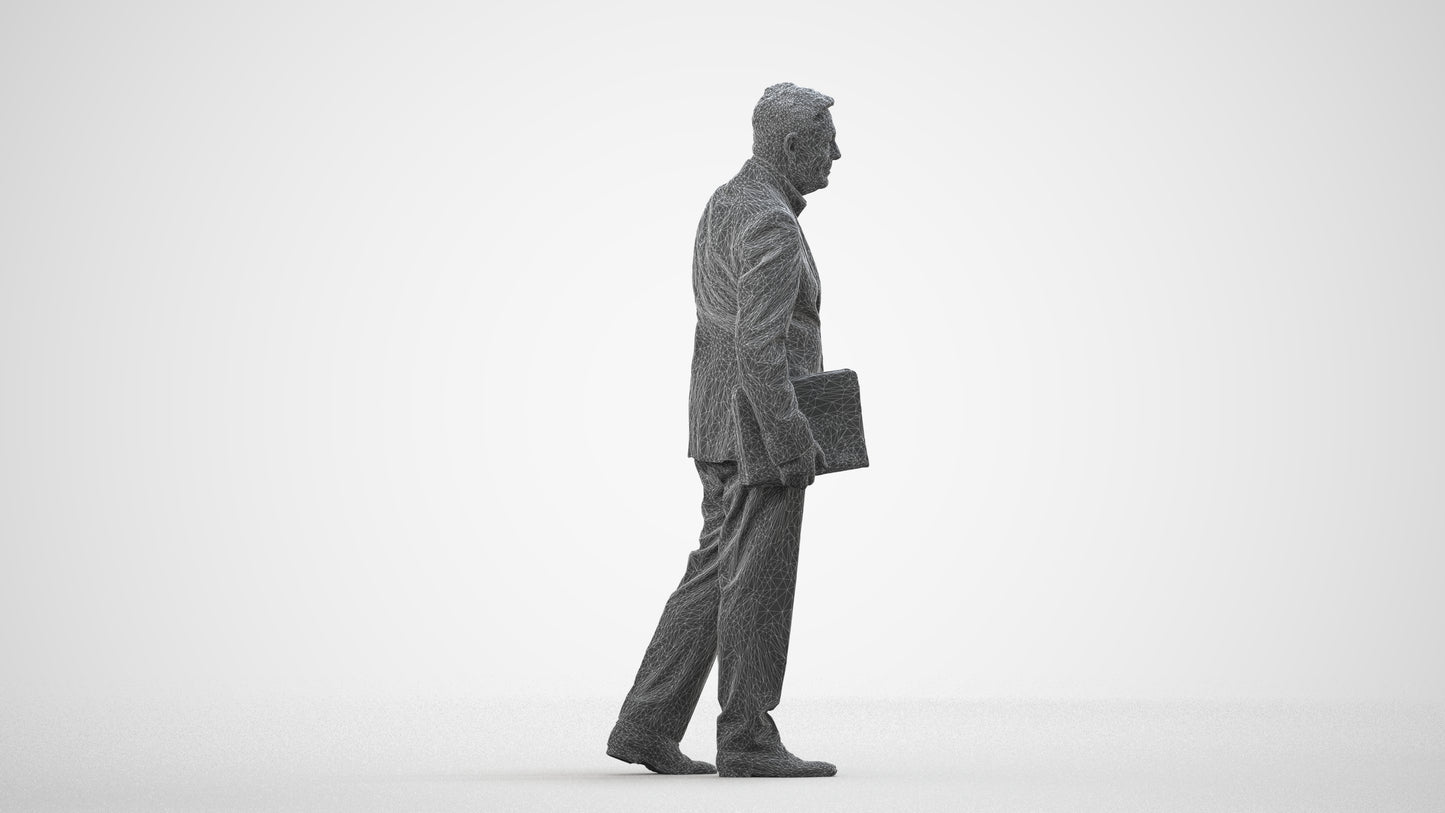 realistic 3D senior man business, scanned archviz people for Blender and 3ds Max, wireframe side view
