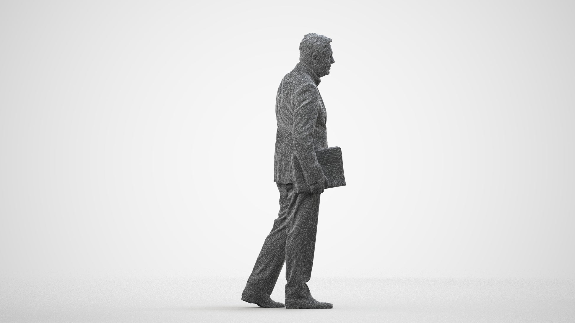 realistic 3D senior man business, scanned archviz people for Blender and 3ds Max, wireframe side view