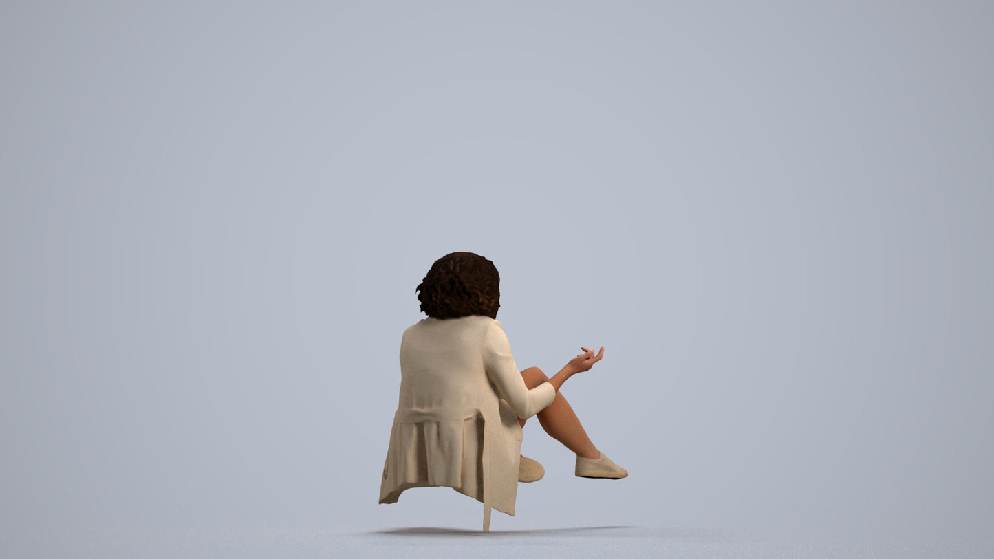 3D human model woman business sitting, photogrammetry scanned person for archviz, front view render