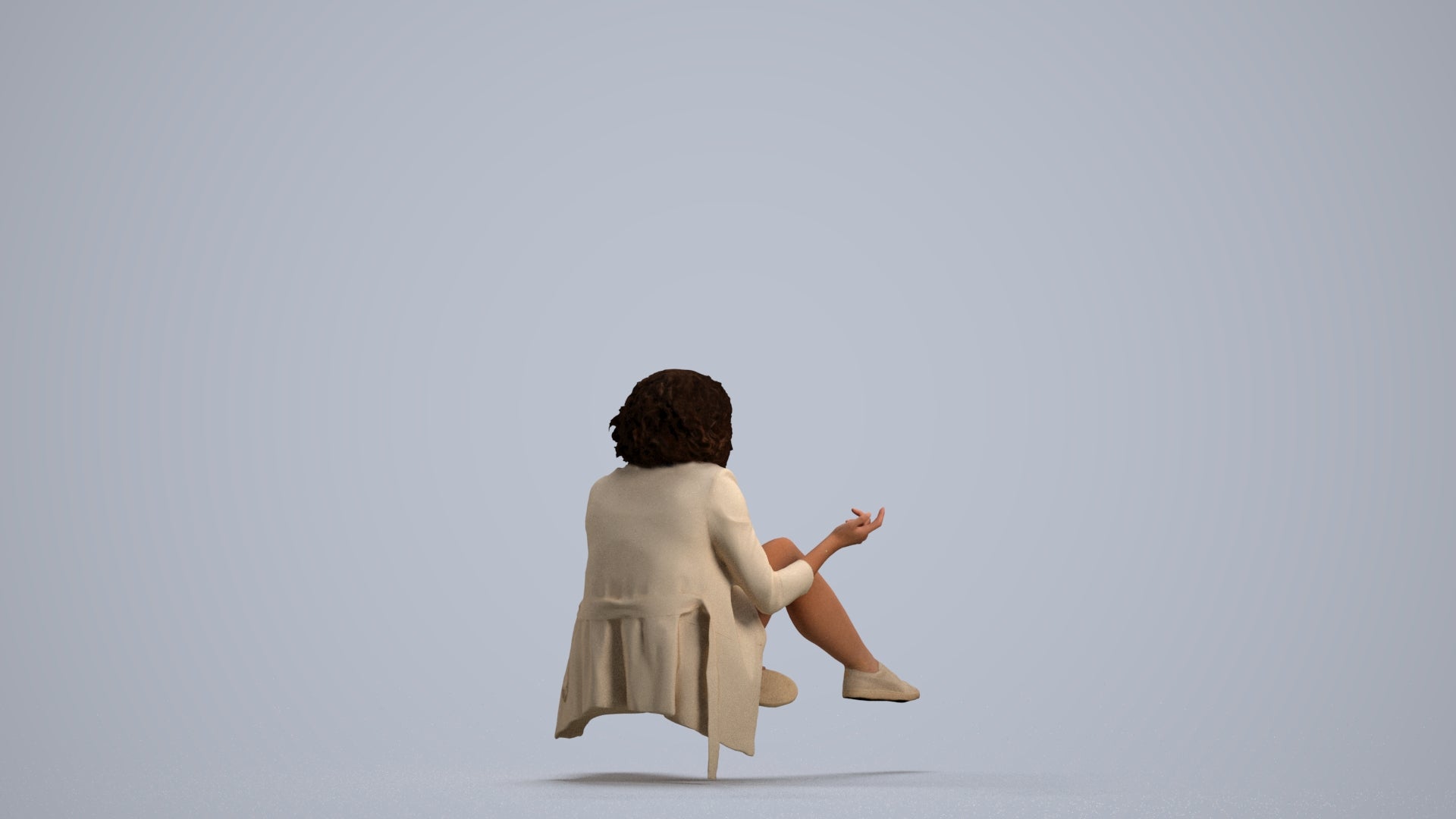 3D human model woman business sitting, photogrammetry scanned person for archviz, front view render