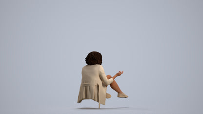 3D human model woman business sitting, photogrammetry scanned person for archviz, front view render