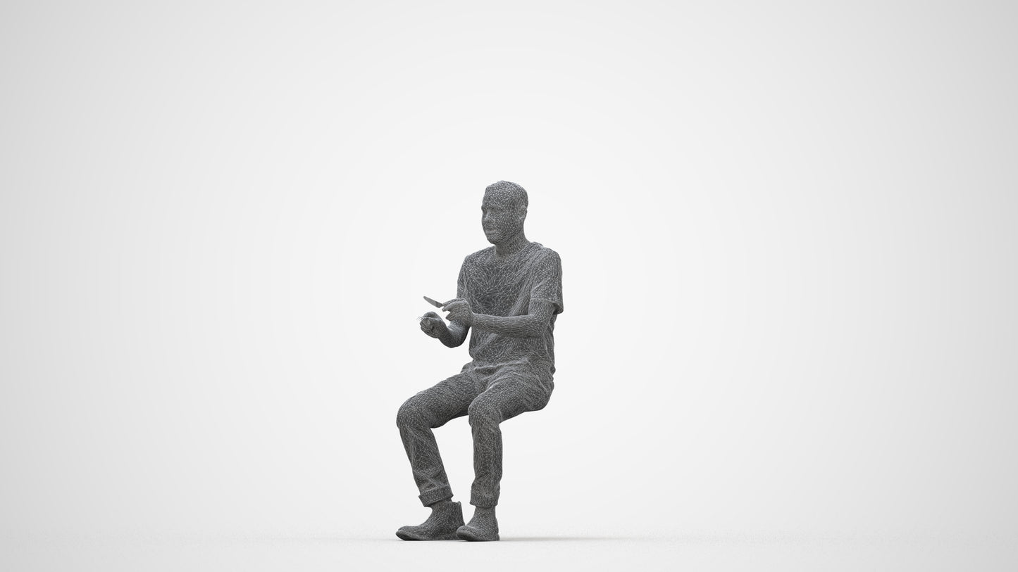 realistic 3D people man casual sitting, render-ready for V-Ray and Corona, FBX OBJ, wireframe back view