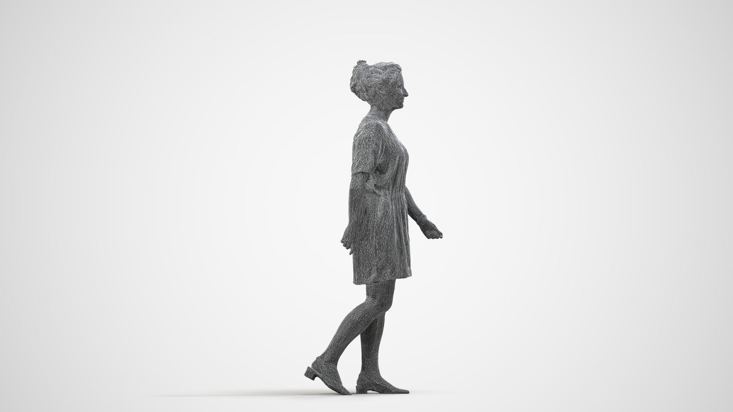 3D people model woman casual walking, scanned human for 3ds Max rendering, wireframe side view