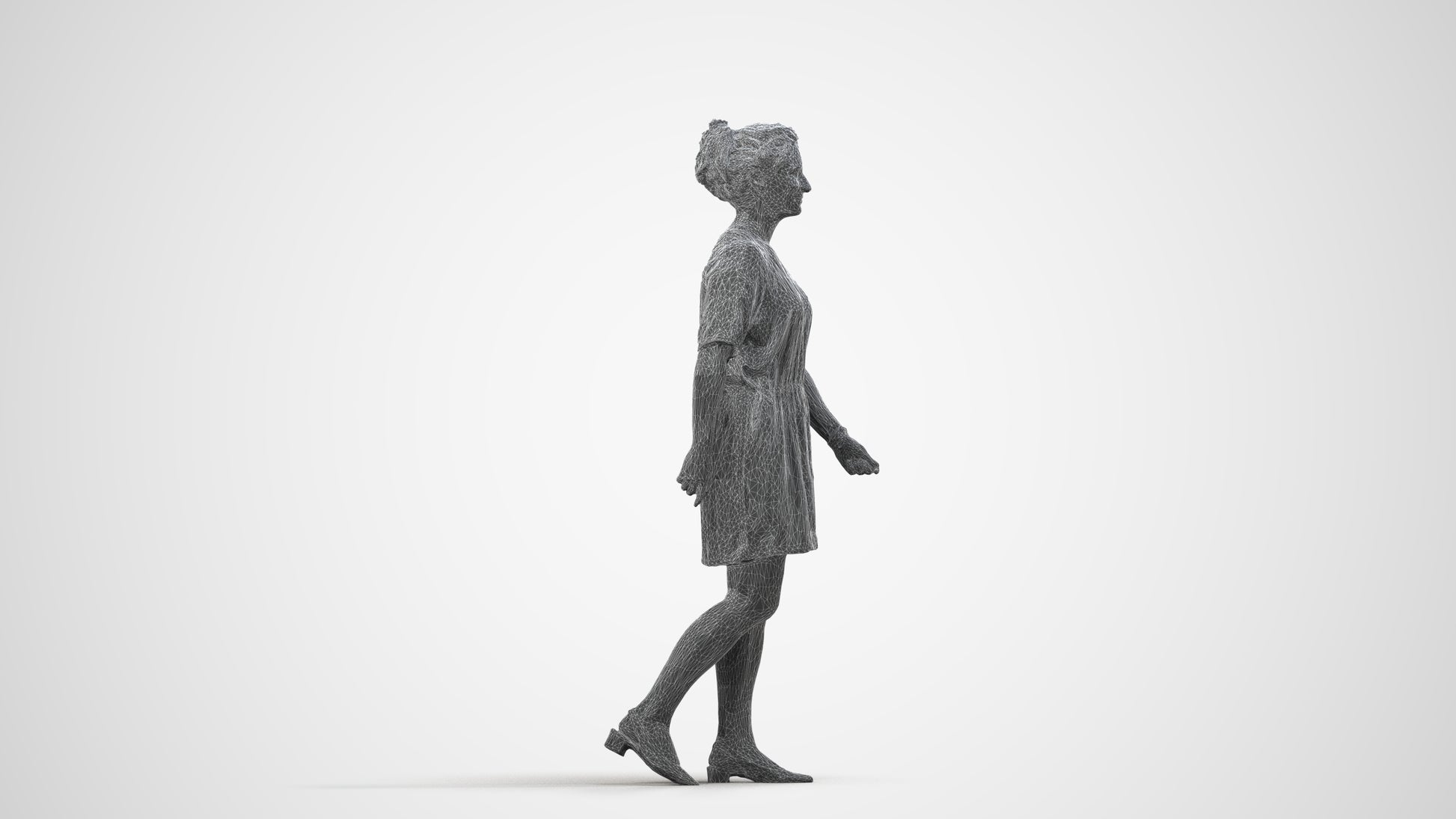 3D people model woman casual walking, scanned human for 3ds Max rendering, wireframe side view