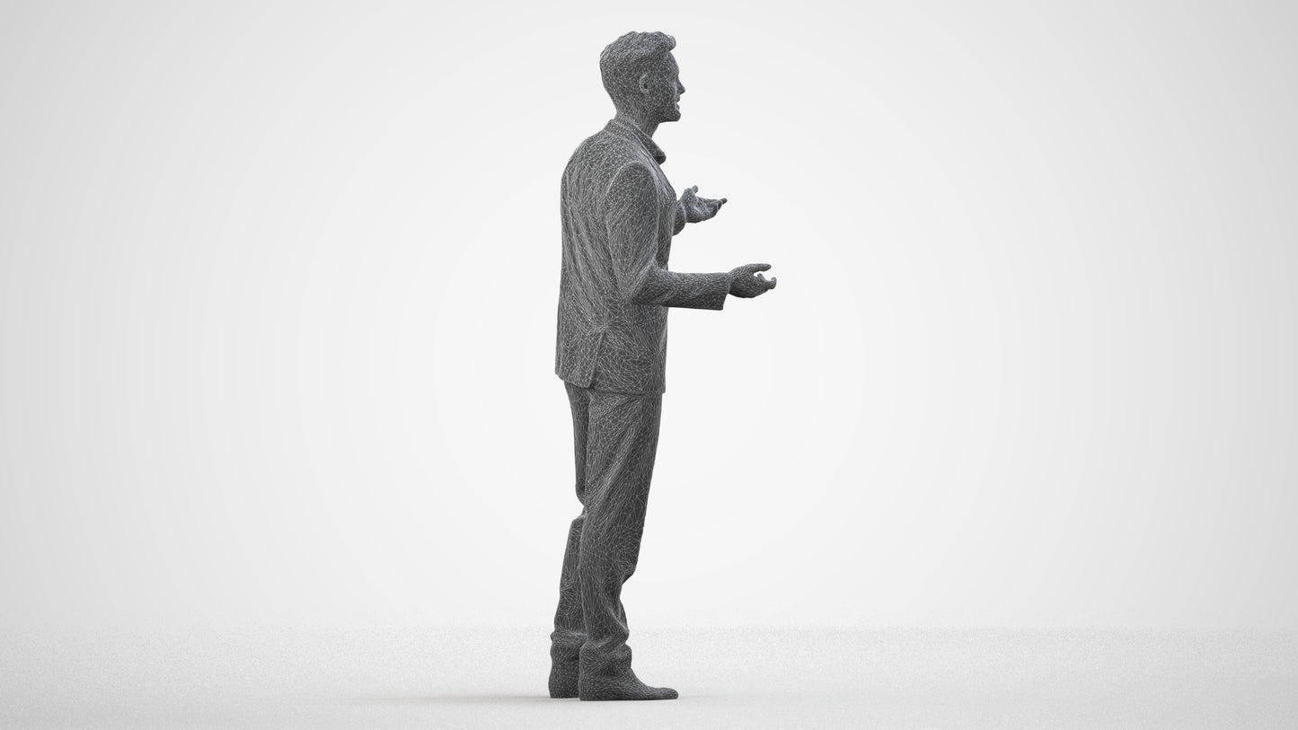 3D human model man business, photogrammetry scanned person for archviz, wireframe side view