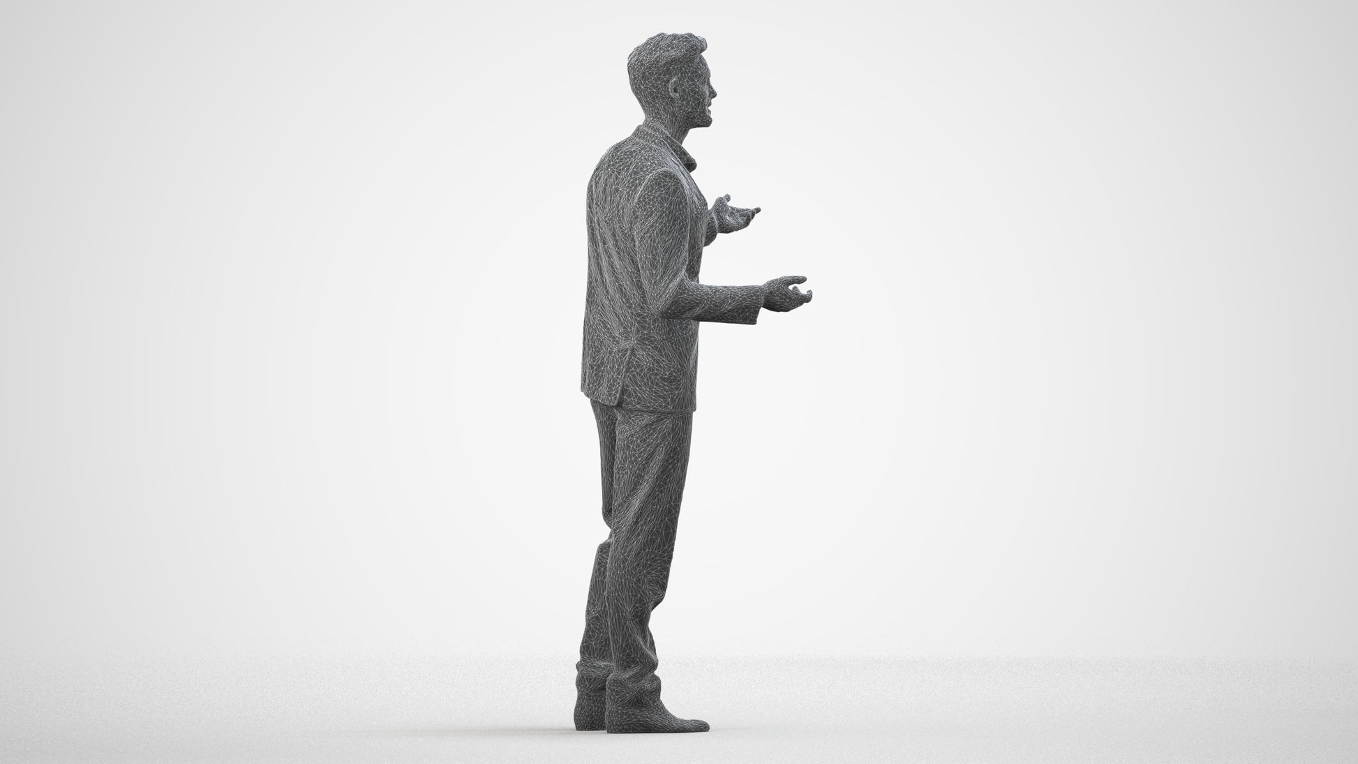 3D human model man business, photogrammetry scanned person for archviz, wireframe side view