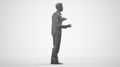3D human model man business, photogrammetry scanned person for archviz, wireframe side view