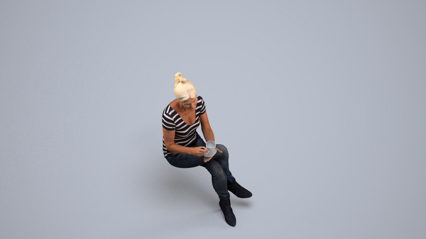 realistic 3D people senior woman casual sitting, render-ready for V-Ray and Corona, FBX OBJ, back view render