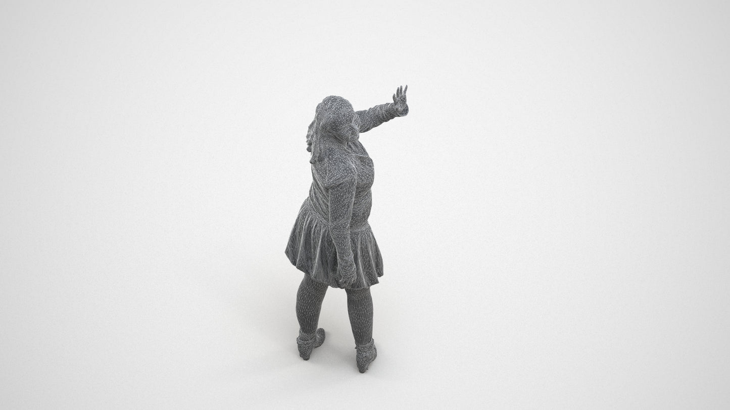 3D human model woman casual standing, photogrammetry scanned person for archviz, wireframe three-quarter view