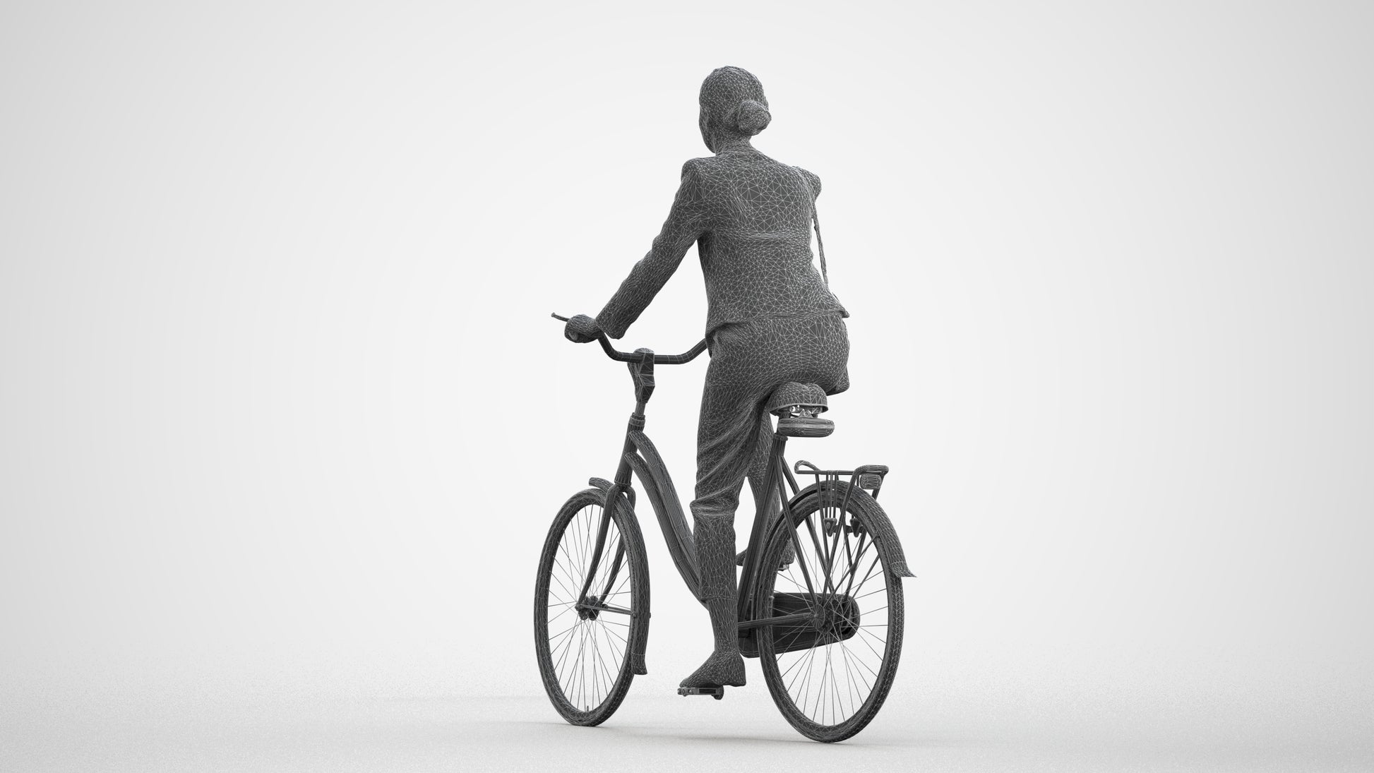 realistic 3D woman business cycling, scanned archviz people for Blender and 3ds Max, wireframe front view