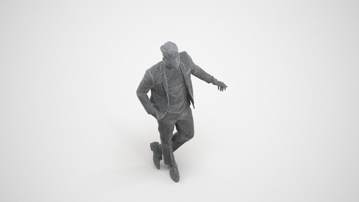 photogrammetry 3D man formal cycling, realistic human model archviz FBX, wireframe three-quarter view