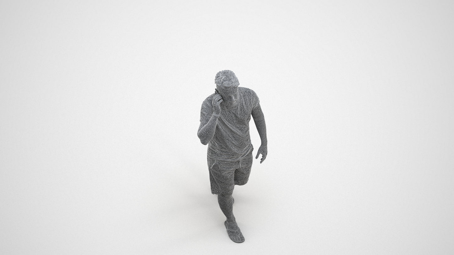 realistic 3D human man walking, archviz people FBX OBJ for Blender, wireframe three-quarter view