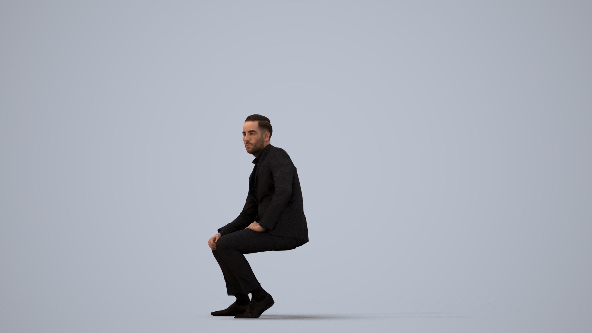 realistic 3D man formal sitting, scanned archviz people for Blender and 3ds Max, three-quarter view render