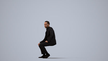 realistic 3D man formal sitting, scanned archviz people for Blender and 3ds Max, three-quarter view render