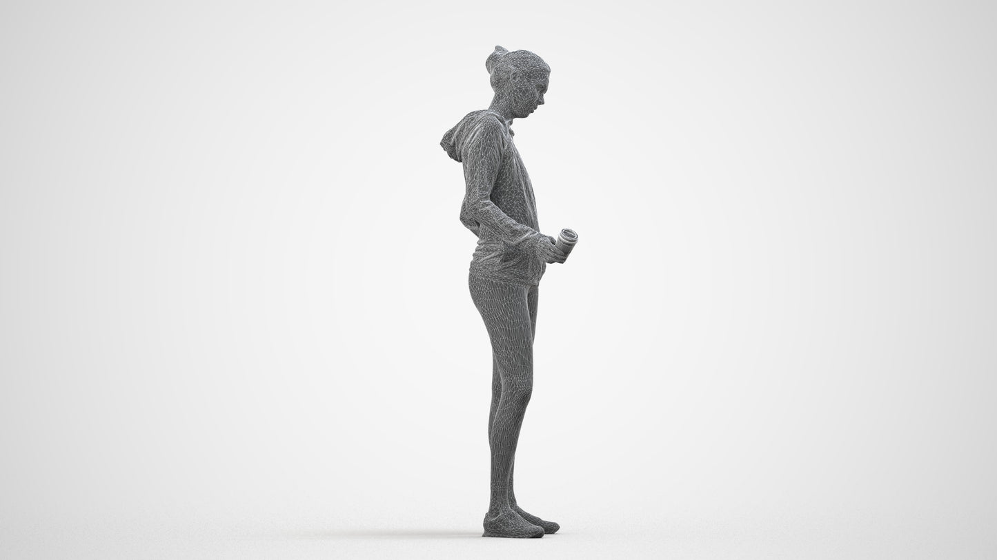 3D scanned woman standing sport, photorealistic archviz people for Enscape and SketchUp, wireframe side view