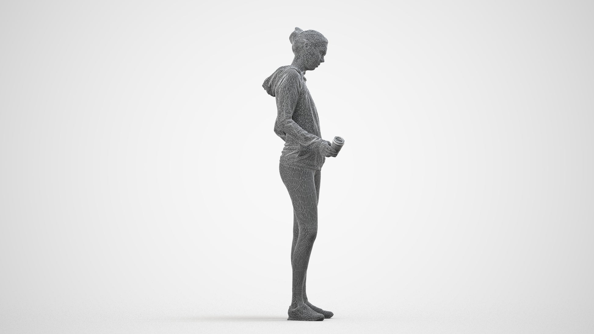 3D scanned woman standing sport, photorealistic archviz people for Enscape and SketchUp, wireframe side view