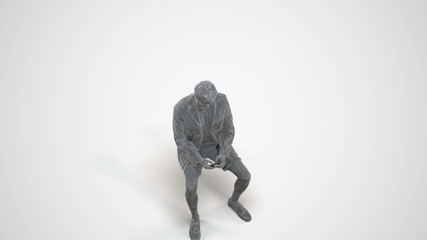 3D scanned man sitting business, photorealistic archviz people for Enscape and SketchUp, wireframe three-quarter view