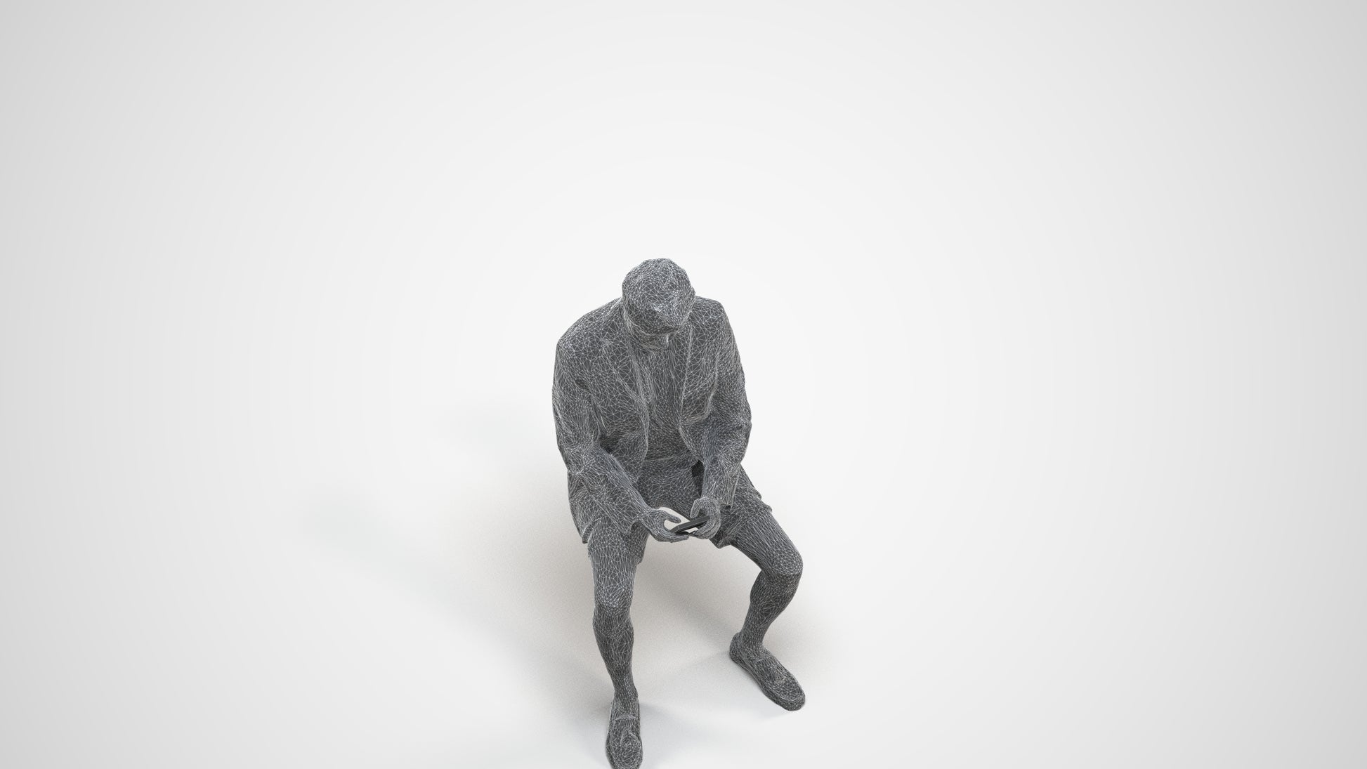 3D scanned man sitting business, photorealistic archviz people for Enscape and SketchUp, wireframe three-quarter view