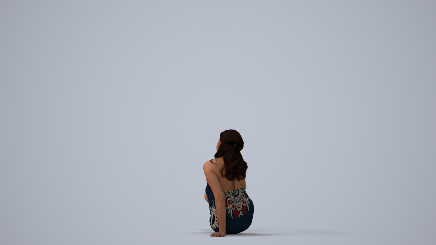 3D human model woman pool, photogrammetry scanned person for archviz, three-quarter view render