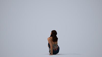 3D human model woman pool, photogrammetry scanned person for archviz, three-quarter view render