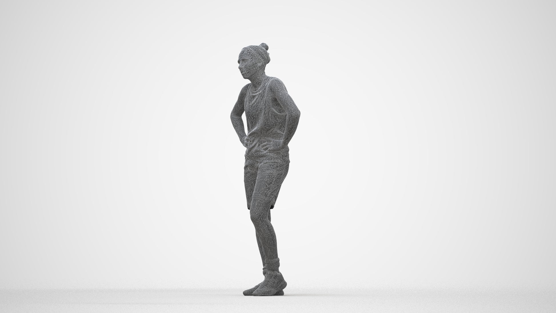 realistic 3D human woman sport, archviz people FBX OBJ for Blender, wireframe three-quarter view