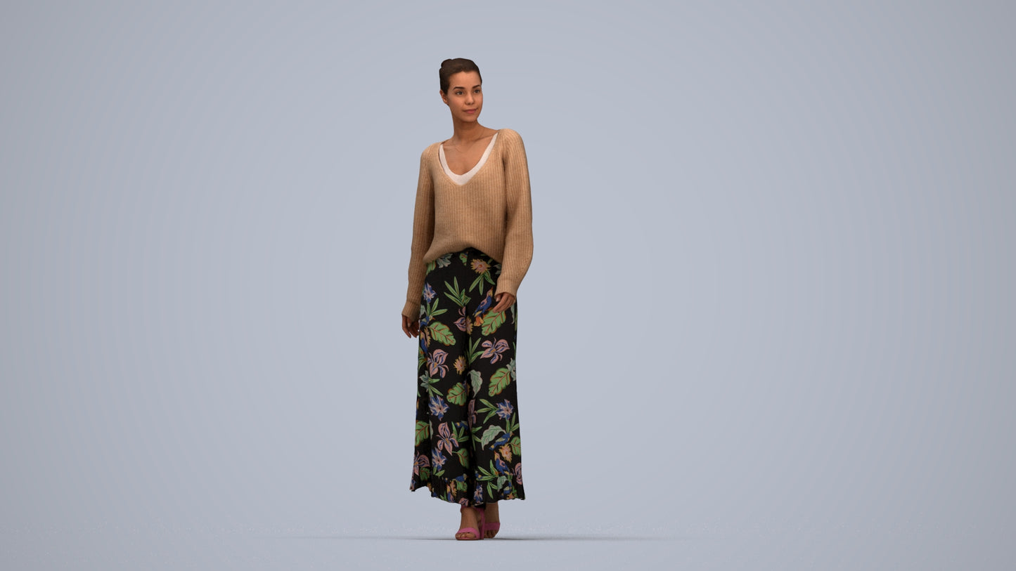 realistic 3D people woman casual walking, render-ready for V-Ray and Corona, FBX OBJ, top-down view render